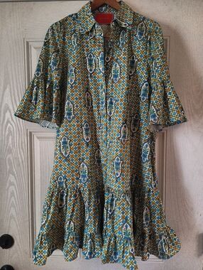 LaDoubleJ Choux Floral Geometric Button-Up Ruffle Shirt Dress Turquoise, Yell Lg
